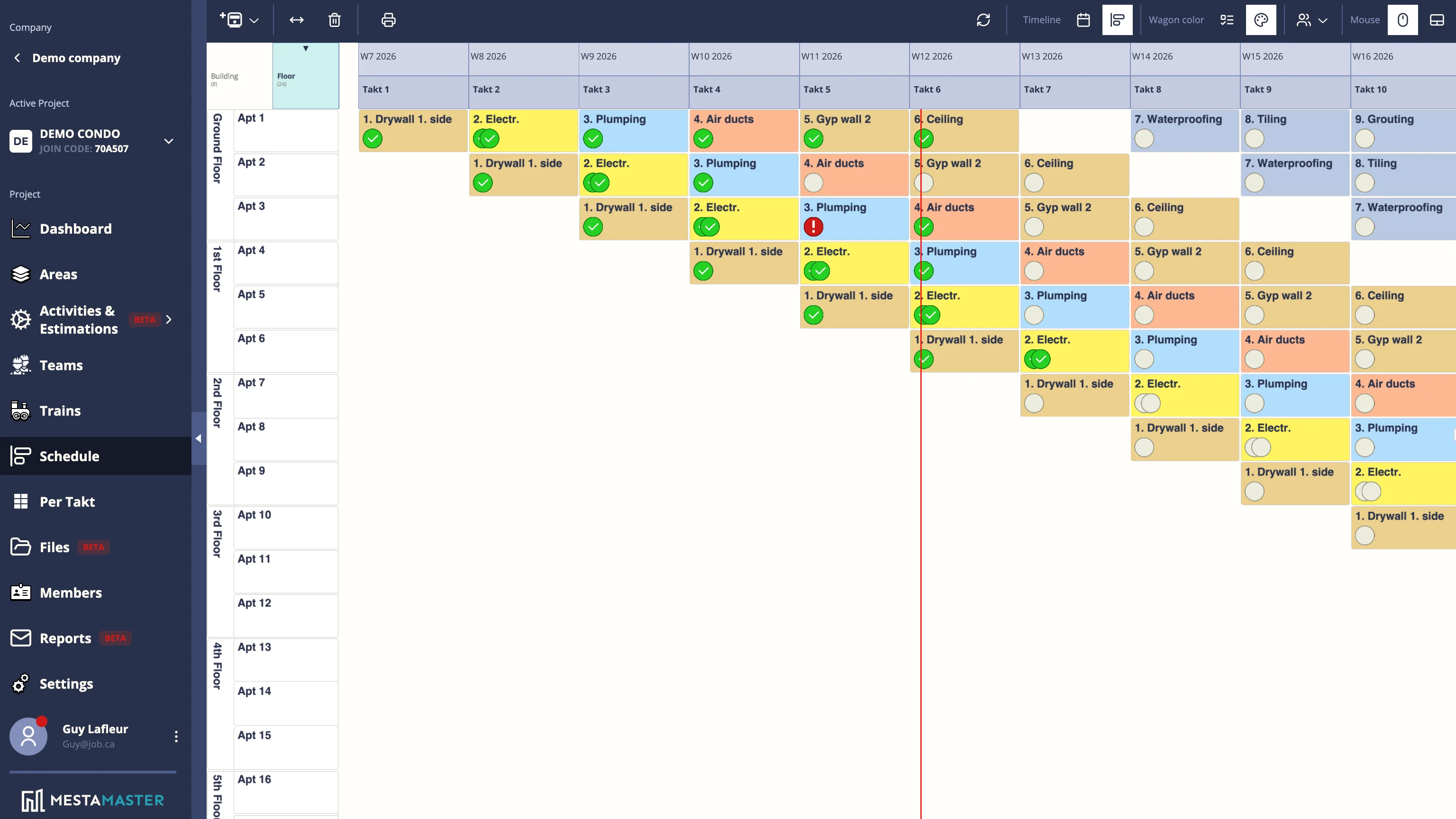 Mestamaster takt schedule view showing construction project timeline